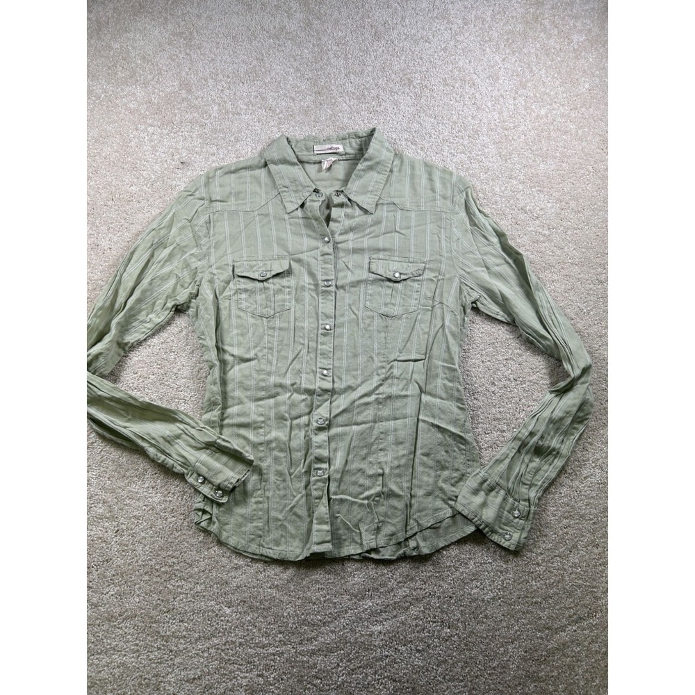 Refuge Green Stripe Button-Up Cotton Shirt Juniors Size L
